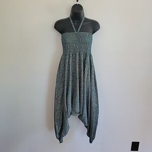 High Thai Harem Pant Halter Jumpsuit Turquoise Gold Block Print Smocked Low Cut